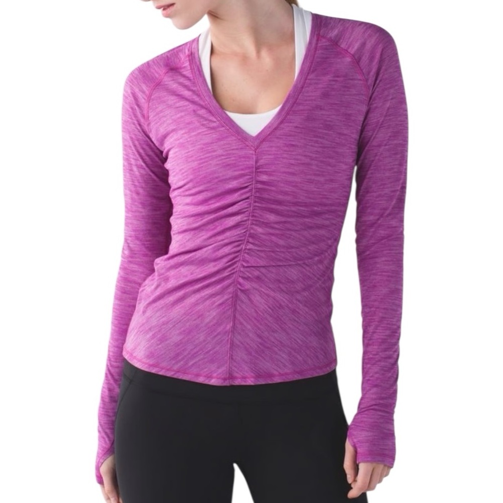 LULULEMON Interval Long Sleeve V-neck Shirt Ruched Top With Thumbholes Size 6/8